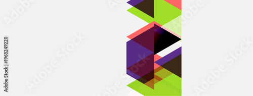 Abstract geometric composition. Overlapping shapes create dynamic visual effect. Bright colors contrast with dark tones. Minimalist design.