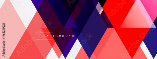 Abstract geometric shapes overlap, creating vibrant red, purple, pink gradients. Modern design with text background centered within composition.