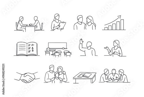 Parent Teacher Collaboration Icons. Minimalistic set one-line drawing meeting across desk, teacher with clipboard, parents nodding, child progress chart,