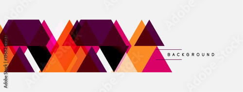 Geometric shapes, triangles, vibrant colors create modern abstract background. Orange, purple, pink hues dominate design. Minimalist style.