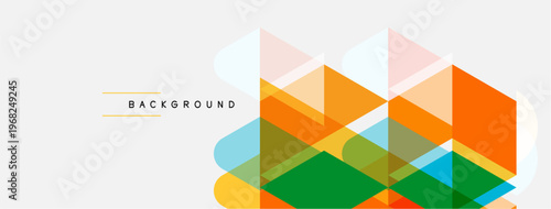 Abstract geometric shapes overlap, creating vibrant color blocks. Modern design with layered triangles, rectangles, soft gradients.