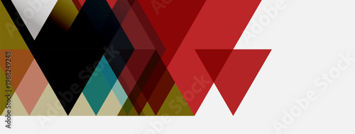 Abstract geometric shapes, triangles dominate composition. Red, black, beige hues present modern design. Minimalist aesthetic.