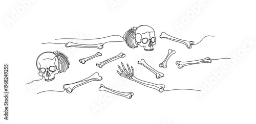 Bones on Ground. Minimalistic one-line drawing scattered skeletal remains outdoors, continuous single black line on white background, simple outline style, no