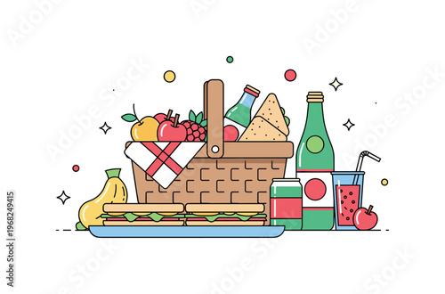 Backyard picnic picnic basket preparation concept where food items like fruits, sandwiches, and drinks are arranged while tiny sparkle and star icons emphasize