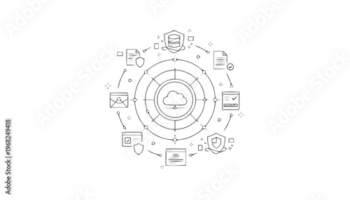 Cloud Computing Network with Data Transfer and Security Icons.