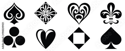 Four classic playing card suits, including spade, heart, club, and diamond, arranged in a row, symbolizing gambling, card games, and recreational play