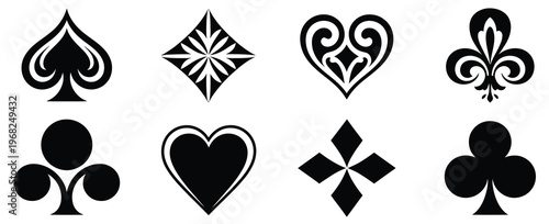 Four classic playing card suits, including spade, heart, club, and diamond, are neatly arranged in a row, representing games, gambling, and card-playing activities, hand drawn