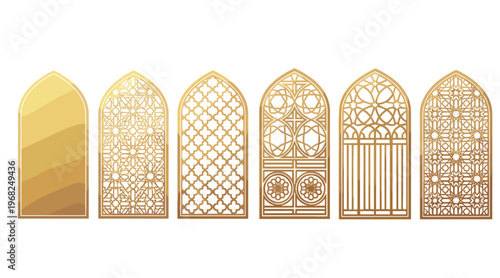 Islamic Window Arch Set with Decorative Arabic Geometric Patterns Traditional Middle Eastern Window Vector Illustration Collection