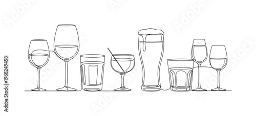 Bar Scene. Minimalistic one-line drawing arrangement of wine, beer, and cocktail glasses, continuous single black line on white background, simple outline