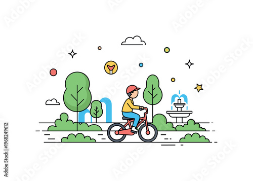 Tricycle ride city park path scene where a child pedals past trees and fountains while small sparkle and star icons emphasize fun, urban outdoor activity, and