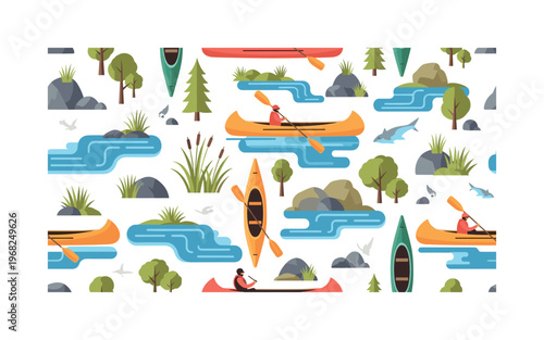 nature paddling motifs seamless pattern, repeating pattern, surface design, textile print, modern illustration of canoes, kayaks, paddles, rivers, lakes,