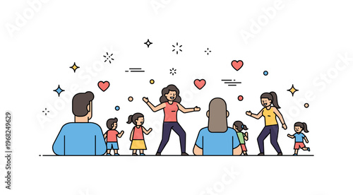 Dance festival family-friendly scene where children and adults watch performers while small sparkle and heart icons emphasize joy, excitement, and communal