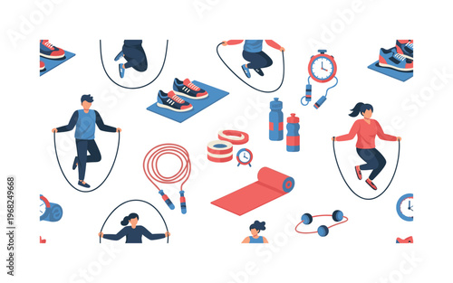 jump rope icons seamless pattern, repeating pattern, surface design, textile print, modern illustration of people jumping rope, sneakers, fitness ropes,