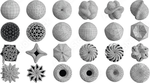 Abstract Geometric Shapes and Wireframe Spheres Set with Polygon and 3D Geometry Forms Vector Illustration Collection for Design and Technology