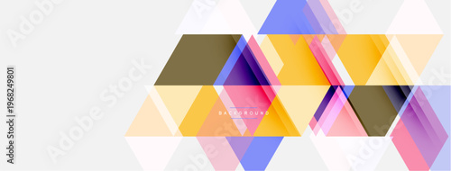 Abstract geometric design. Overlapping triangles create vibrant color gradients, modern aesthetic. Clean white background enhances visual impact.