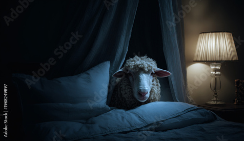 Adorable fluffy sheep sleeping peacefully in a cozy dark bedroom with head on pillow and a warm lamp glowing