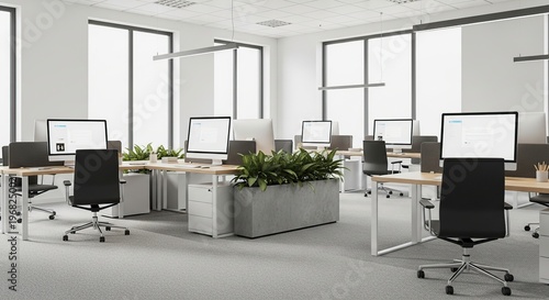 Modern Office Space with Desks and Computers.