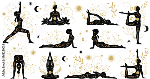 Yoga Pose Silhouette Set with Decorative Floral and Celestial Elements Meditation and Yoga Practice Vector Illustration Collection
