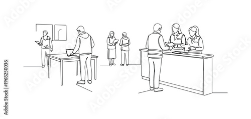 Evacuation Shelter. Minimalistic one-line drawing people checking in at emergency center, continuous single black line on white background, simple outline