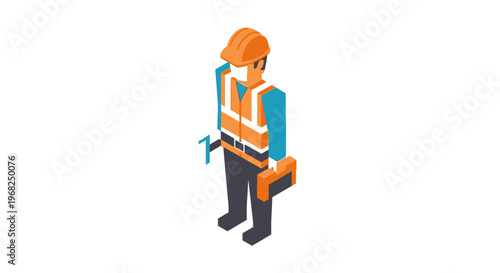 An industrial worker in safety vest and helmet holding a toolbox, isometric illustration symbolizing construction and maintenance labor