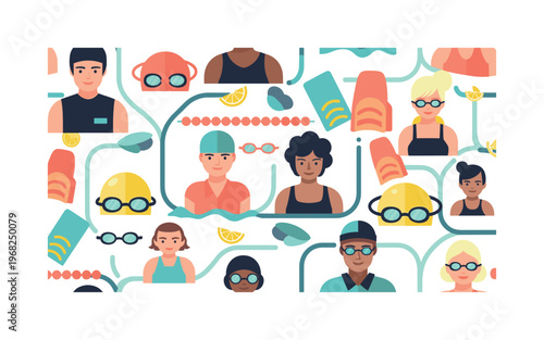 pool lesson motifs seamless pattern, repeating pattern, surface design, textile print, modern illustration of swim instructors, children, adults, goggles, swim