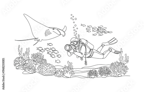 Underwater Research Mission. Minimalistic one-line drawing scuba diver taking photographs of marine life, continuous single black line on white background,