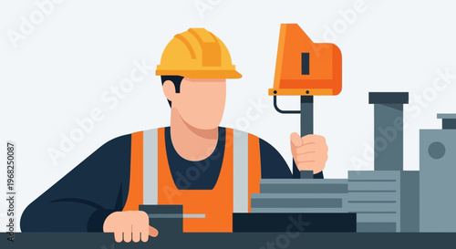 Skilled worker in hard hat and safety vest operating heavy machinery in industrial setting, highlighting safety and productivity