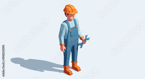 Isometric illustration of a construction worker holding a wrench, symbolizing industry and skilled labor