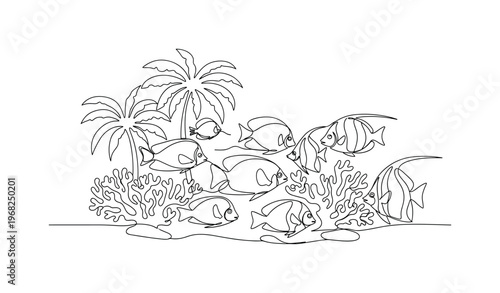 Tropical Fish Scene. Minimalistic one-line drawing colorful fish swimming over coral, continuous single black line on white background, simple outline style,
