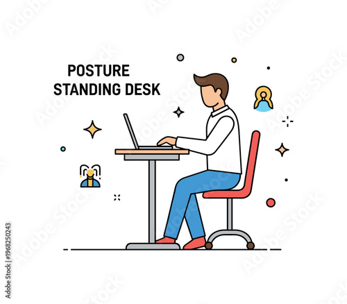 Posture standing desk concept where a person works on a laptop at a standing desk while tiny sparkle and star icons highlight ergonomic posture, health, and