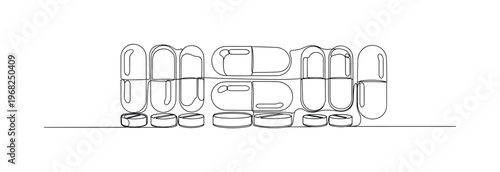 Medical Capsules. Minimalistic one-line drawing two-toned capsules and small tablets arranged neatly, continuous single black line on white background, simple