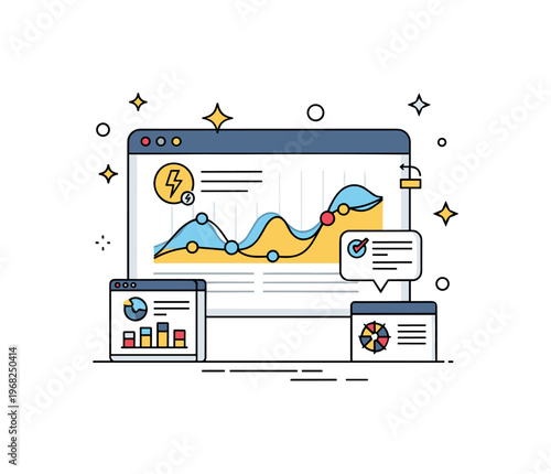 Smart grids power consumption analytics concept where a digital dashboard shows energy usage trends while tiny sparkle and star icons highlight insight,