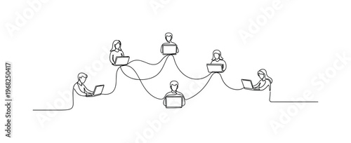 Co-Creation Network. Minimalistic one-line drawing group contributing to shared innovation with connecting lines, continuous single black line on white