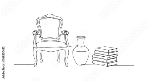 Nostalgic Interior. Minimalistic one-line drawing antique chair, vase, and old books, continuous single black line on white background, simple outline style,