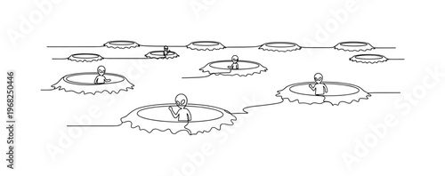 Martian Scene Detail. Minimalistic one-line drawing small aliens exploring craters, continuous single black line on white background, simple outline style, no