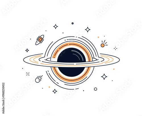 Infinite space black hole concept where light bends around a gravitational pull while tiny sparkle and line icons highlight mystery, power, and