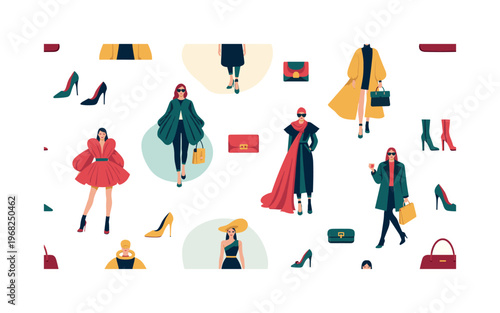fashion statement patterns seamless pattern, repeating pattern, surface design, textile print, modern illustration of models in avant-garde outfits, runway