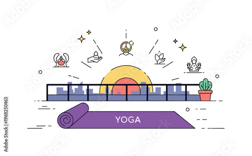 Yoga at sunrise terrace view scene where a yoga mat is rolled out with city sunrise in background while small sparkle and line icons emphasize focus, peace,