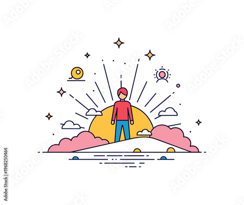 Person standing strong nature lookout scene where a figure stands confidently at a cliff edge while small sparkle and line icons emphasize courage,