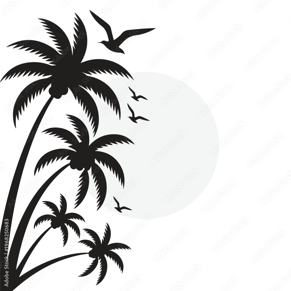 Fototapeta premium Vertical Tropical Palm and Seagull Silhouette Border