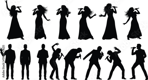 Singing performers silhouettes set, male and female vocalists with microphones, music concert performance poses collection flat vector illustration isolated design