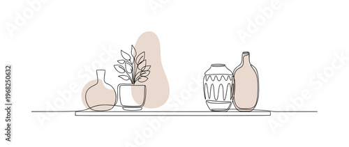 Calming Decor. Minimalistic one-line drawing simple decorative objects and greenery on shelf, continuous single black line on white background, simple outline