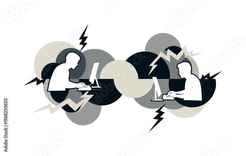 digital competition abstract circles semicircles and abstract lightning icons vintage monochrome players engaging in high-stakes online gaming matches with