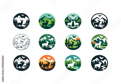 species reintroduction programs. Icon set. Set Logo of species reintroduction programs: wildlife habitat circle. harmonious logo variations of the same