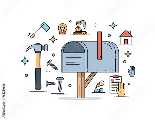 Replacing the mailbox toolkit setup scene where a hammer, screws, and new mailbox are arranged for installation while small sparkle and line icons emphasize