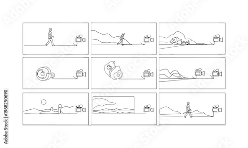 Storyboard Planning. Minimalistic one-line drawing storyboard sheets and camera setup, continuous single black line on white background, simple outline style,