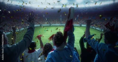 Back View of Diverse Soccer Supporters Celebrating in a Packed Stadium, Lifting Scarves and Victory Props as Confetti Falls During a World Championship Match Field. Blue Cinematic Theme