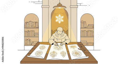 Monk Drawing Floral Designs Illuminated by Lamp in Library