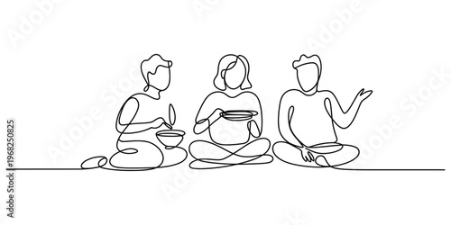 Continuous One Line Drawing of Three Friends Eating Together