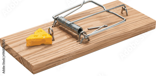 Mouse Trap with Cheese on Wooden Board Classic Rodent Trap Vector Illustration for Pest Control and Household Concept Design